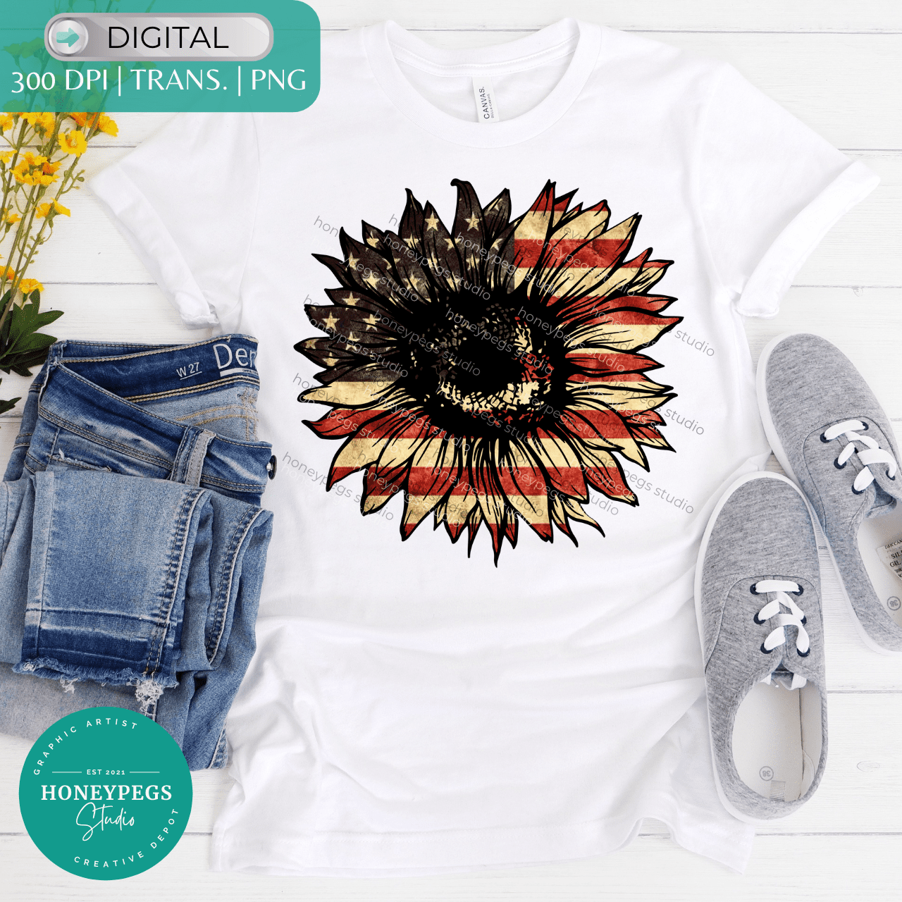 american vintage flag sunflower digital download sublimation print PNG image