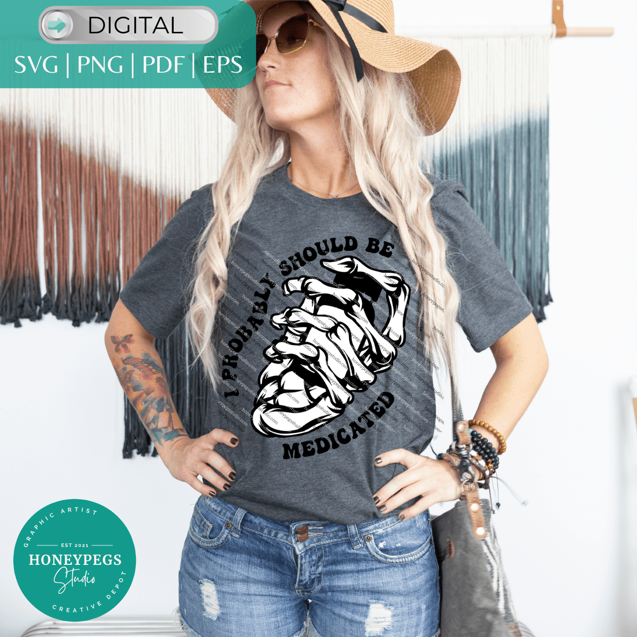 I probably should be medicated honeypegs studio svg cricut cut file, skeleton hand pill bottle svg sublimation print introvert svg skeleton hand svg goth style svg grunge funny skeleton svg vector