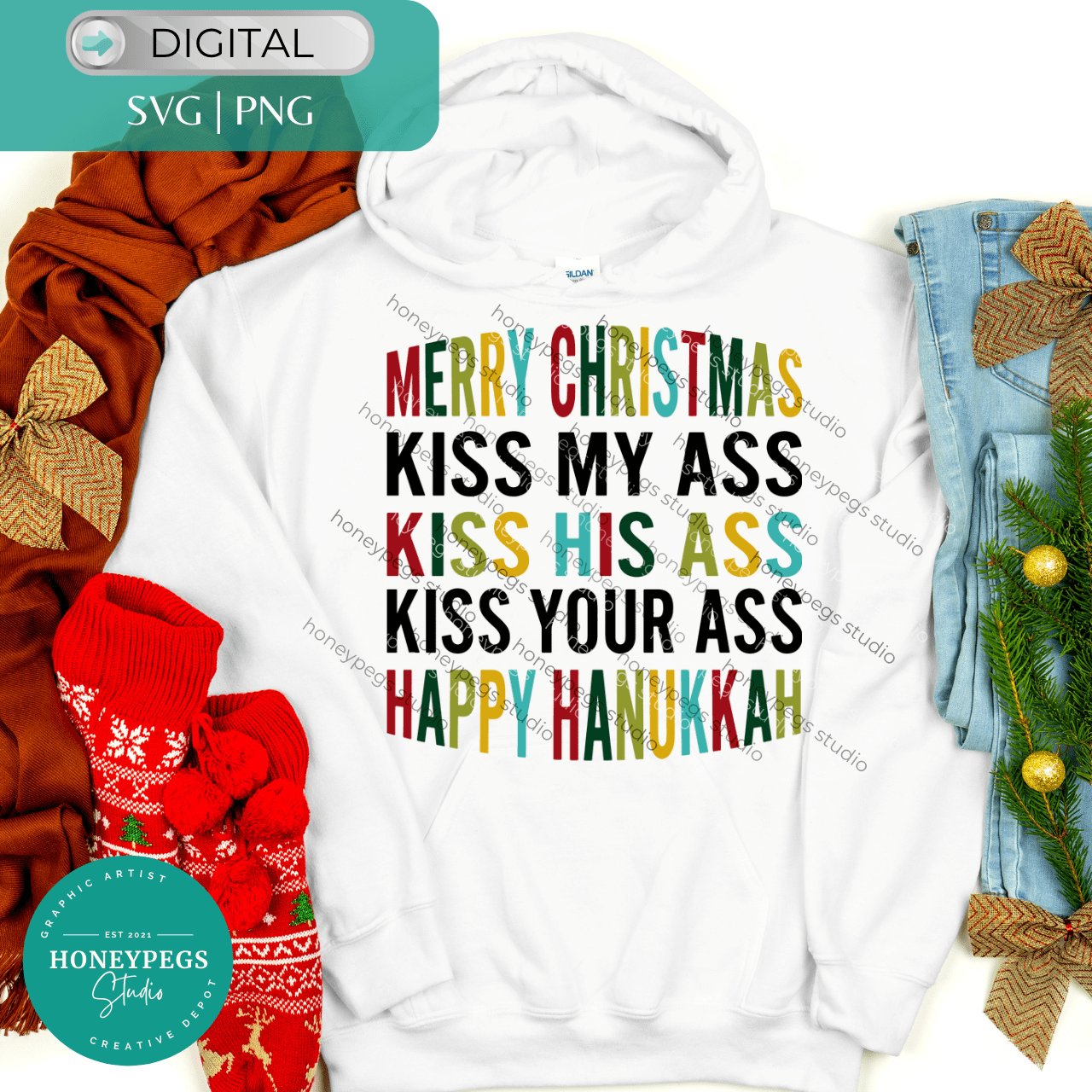 merry Christmas kiss my happy Hanukkah svg cricut cut file, sublime vector graphic print png digital download
