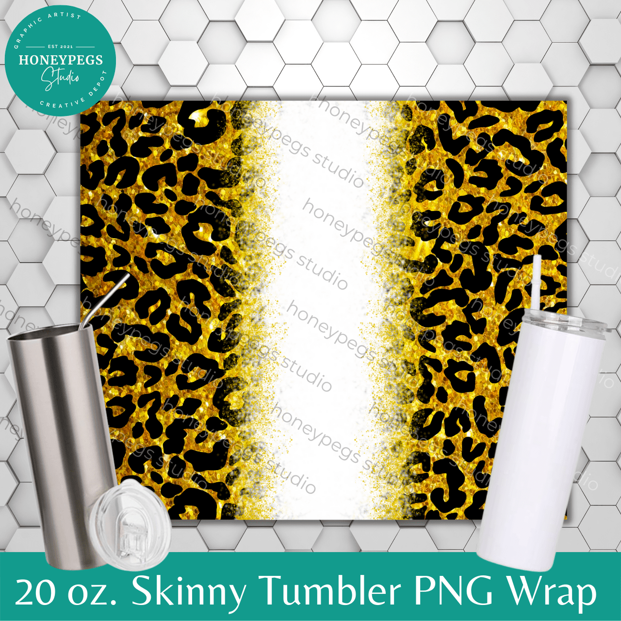 20 oz Skinny Gold Leopard Glitter PNG