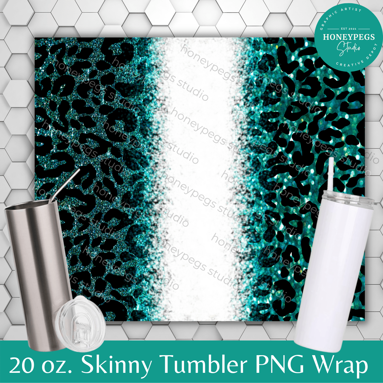 20 oz Skinny Teal Leopard Glitter PNG