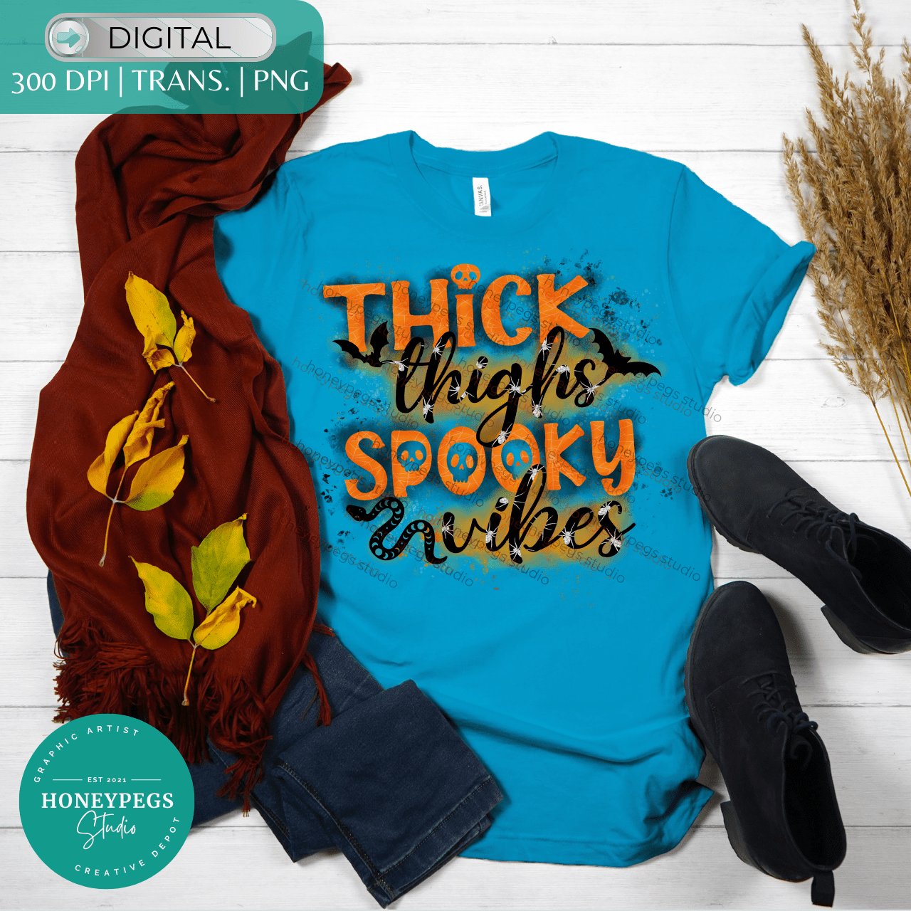 thick thighs spooky vibes sublime print honeypegs studio graphic halloween bats glitter spiders image transfer shirt image