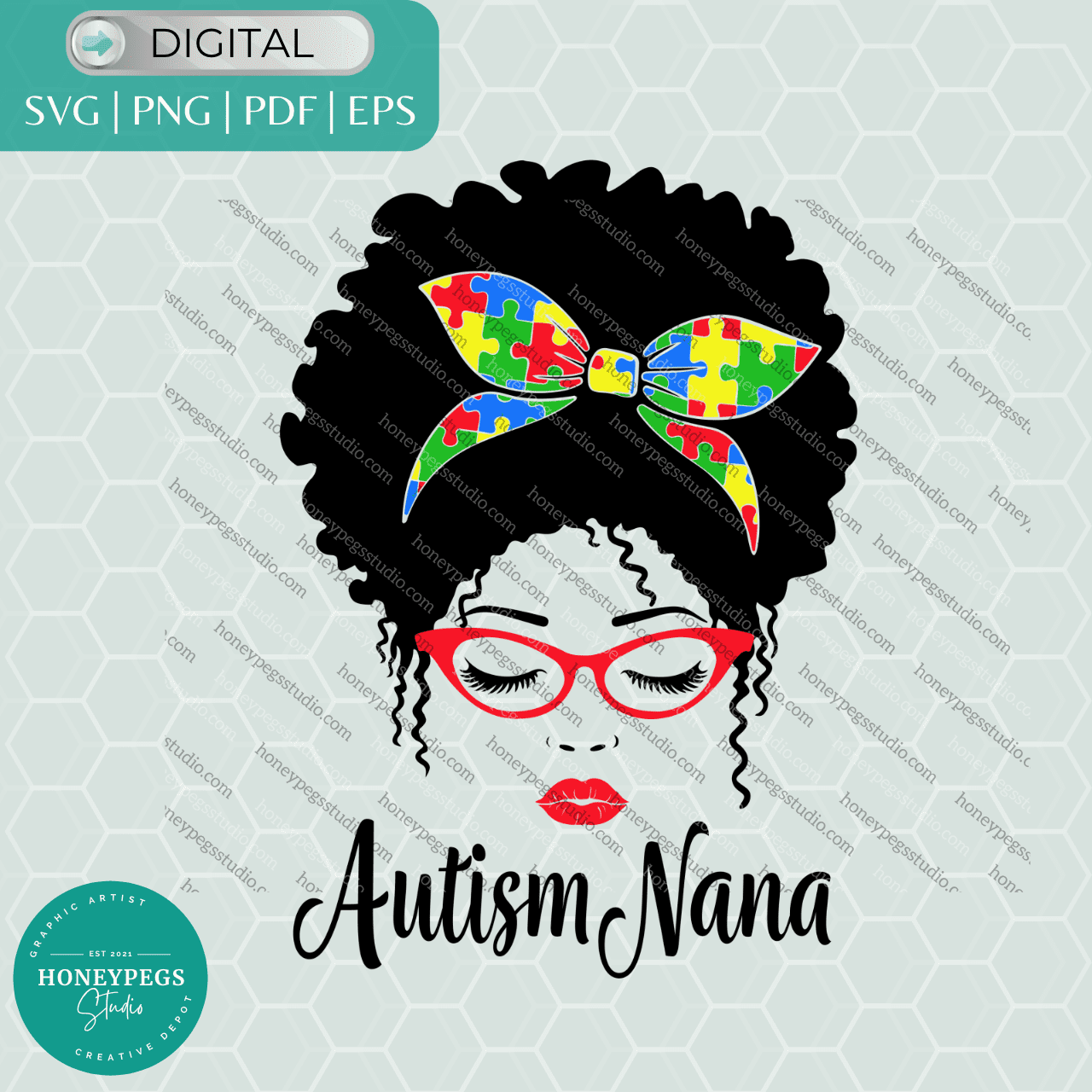 autism afro messy bun autism nana svg cricut cut file vector honeypegs studio sublimation autism awareness puzzle messy bun autism grandma svg vector