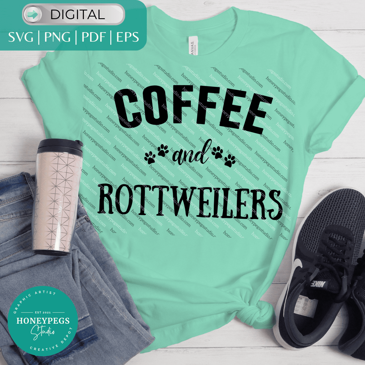 coffee and Rottweilers svg paw prints cute dog lover sublimation print png honeypegs studio graphic artist Rottweilers mom dog lover svg coffee and dogs vector design