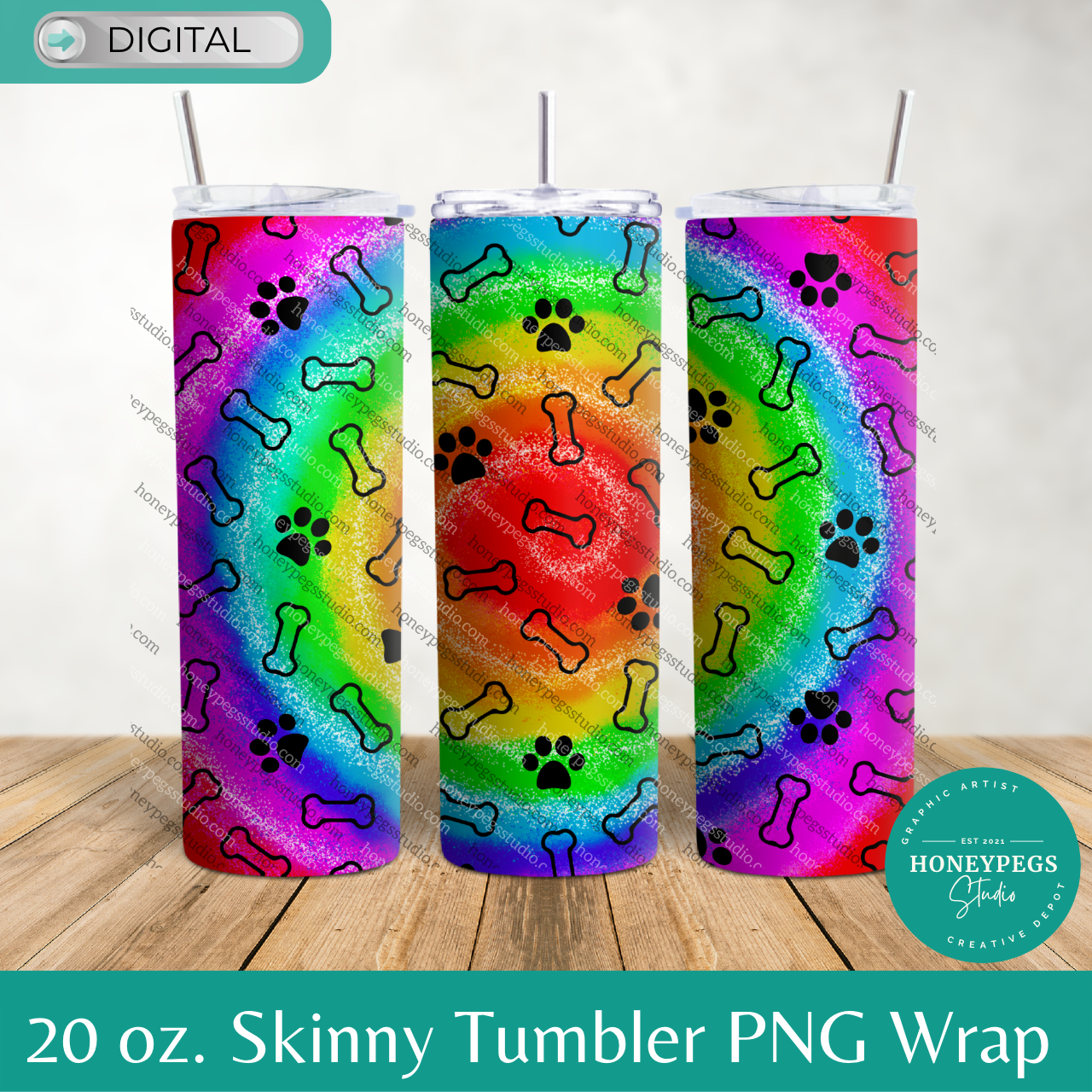 20 oz Skinny Rainbow Spiral Dog Print PNG