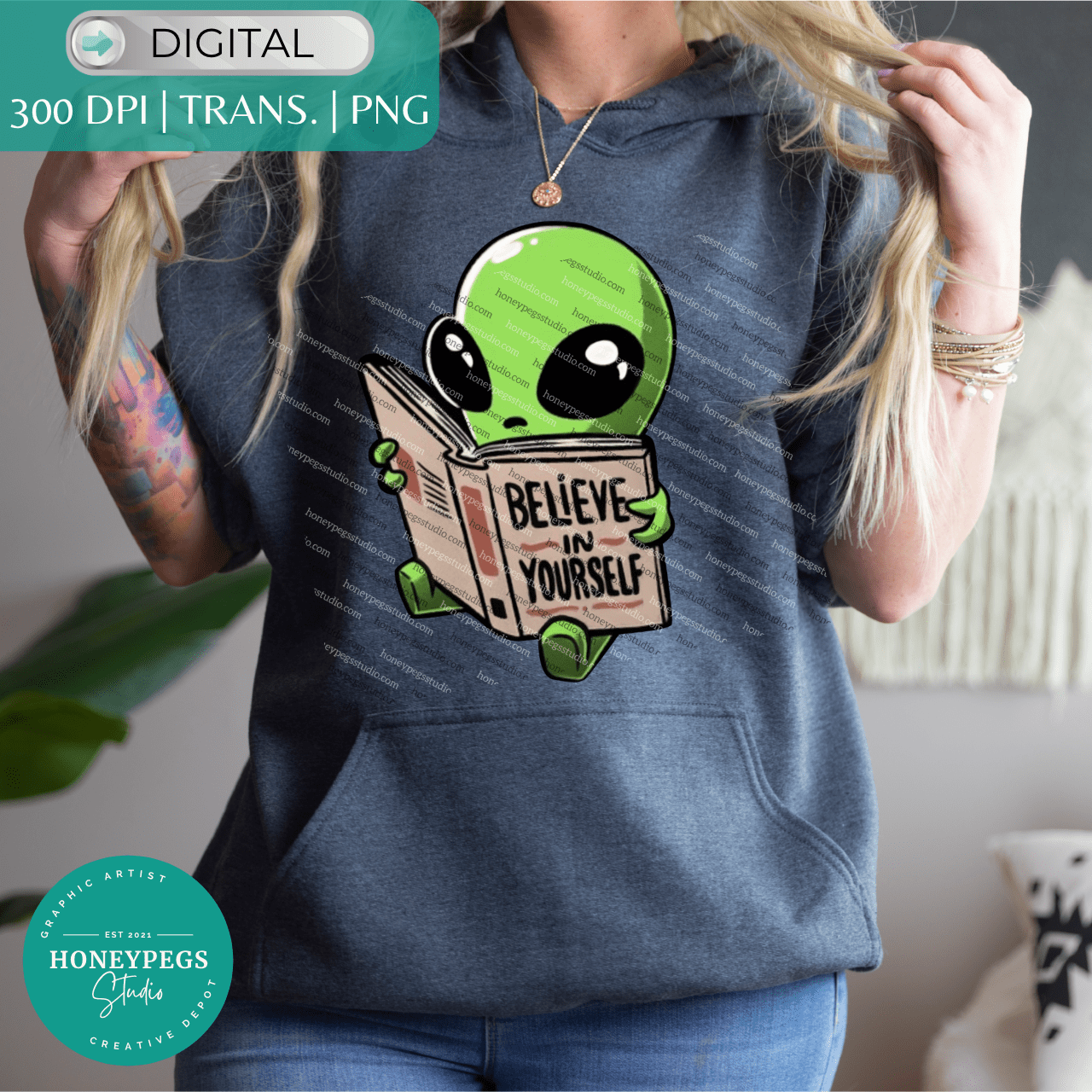 believe in yoursewlf alien png sublimation print green cute alien reading sublimation honeyepgs studio
