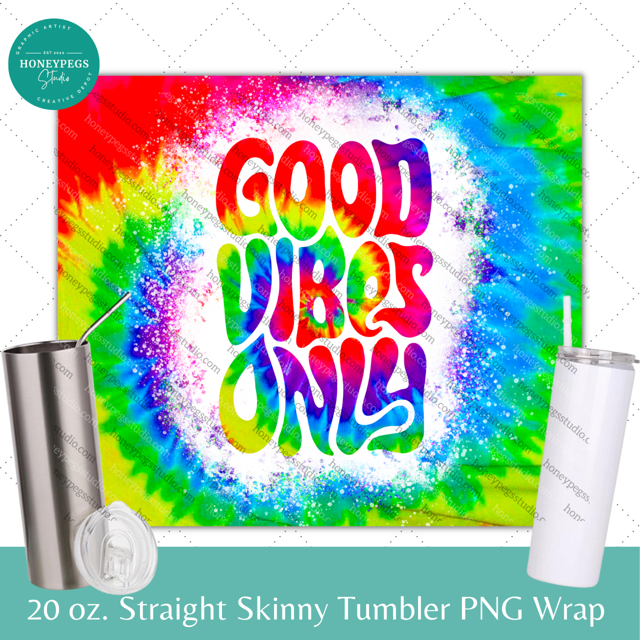 good vibes only tubler wrap png 20 oz skinny sublimation wrap hippy tie dye rainbow spiral tie dye good vibes sublimation tumbler wrap heat press wrap png image graphic honeypegs studio