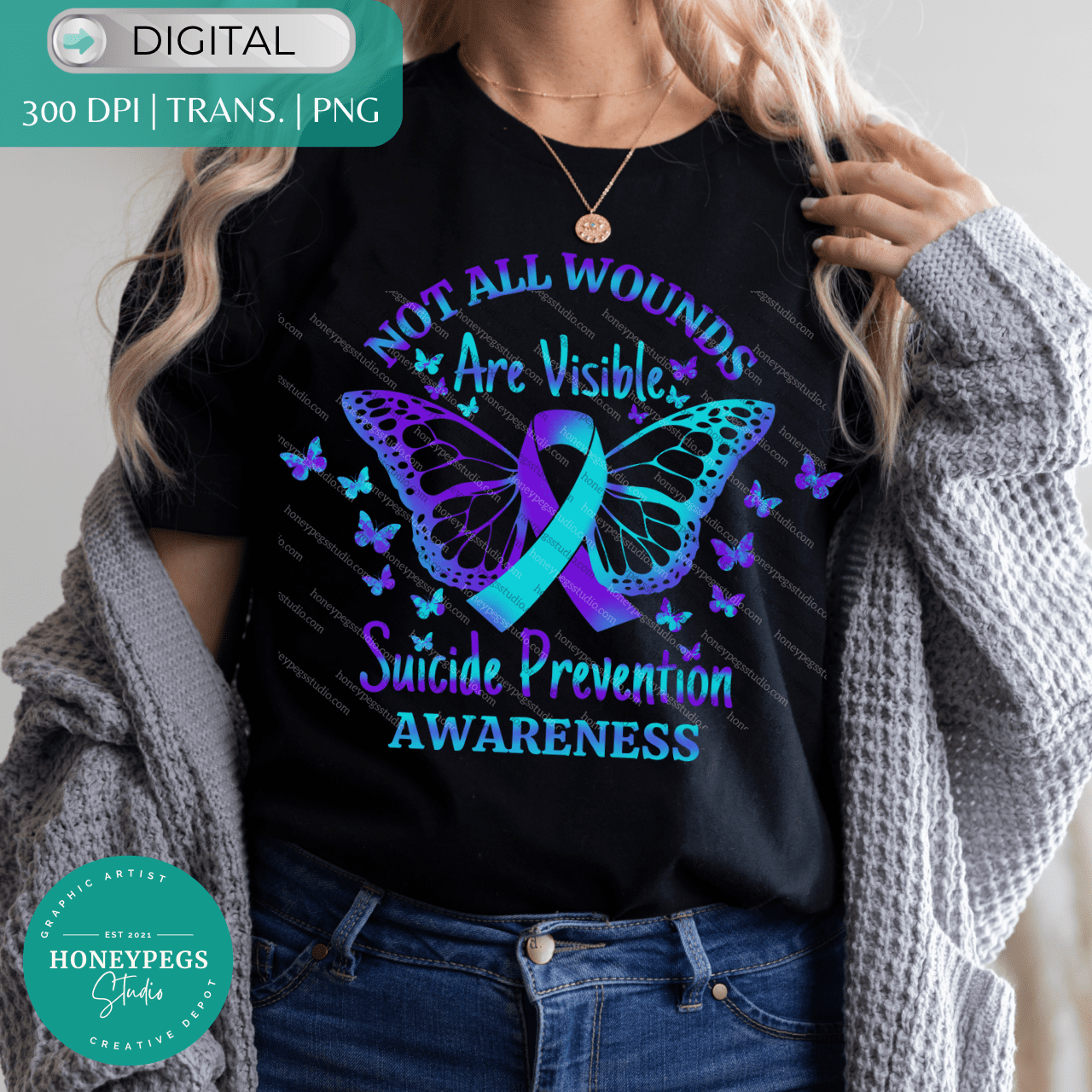 not all wounds are visible svg suicide prevention butterfly awarness png sublimation png honeypegs studio graphic artist suicide prevention design PNG blue and purple butterflies digital download