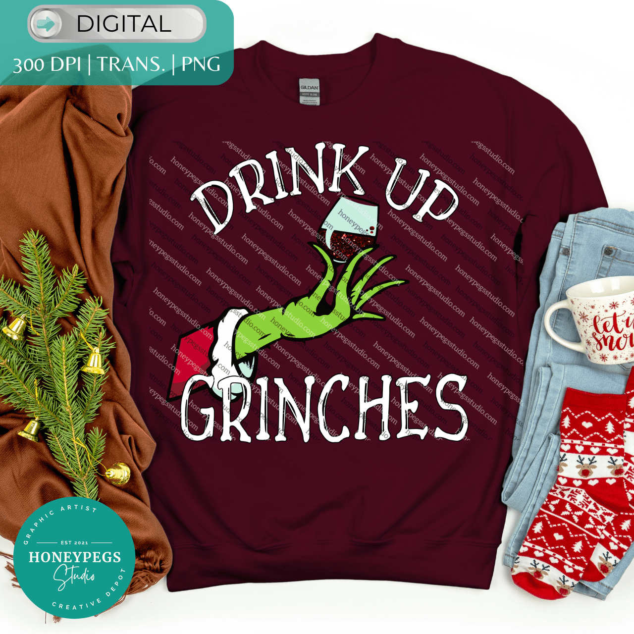 drink up grinches png sublimation glitter wine hand sublimation pg grinch wine lover shirt print digital honeypegs studio graphic artist grinch holding wine sublimation png office party sublimation christmas party shirt print png