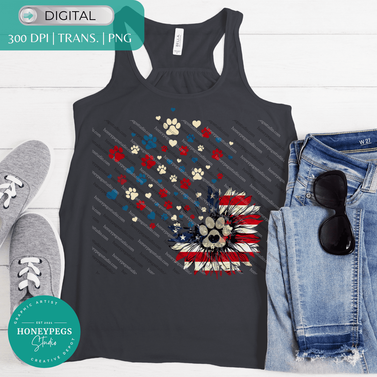 patriotic paw prints american flag sunflower png sublimation graphic red white and blue paw prints sunflower sublimation print png honeypegs studio graphic artist American flag sunflower dog lover 4th of July graphic
