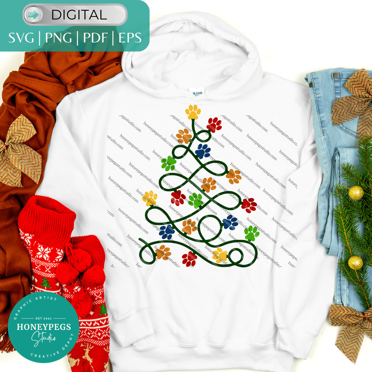 dog paw print Christmas lights vector svg cricut cut file dog Christmas tree sublimation png dog mom Christmas svg dog Christmas lights tree vector honeypegs studio graphic artist dog lover vector Christmas tree lights paw print sublimation png