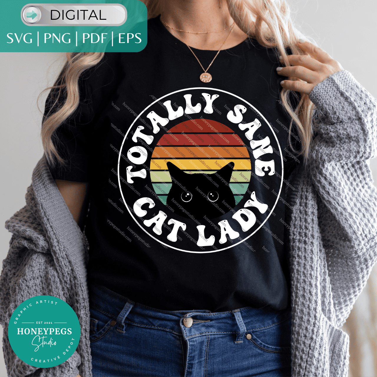 totally sane cat lady vintage beams sunset hippy groovy font cricut cut files svg totally sane cat lady black cat sublimation png