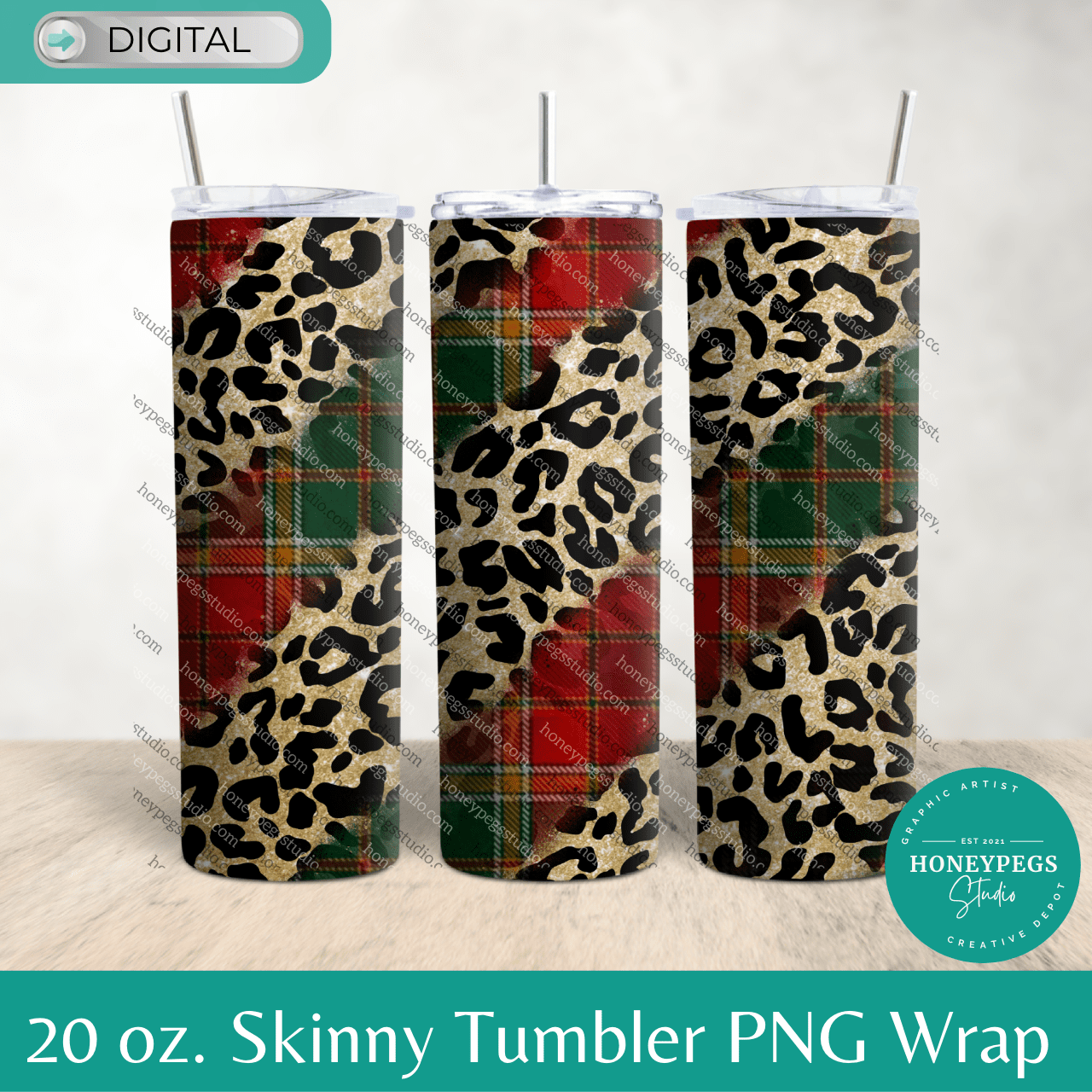 20 oz Skinny Leopard Glitter Plaid PNG