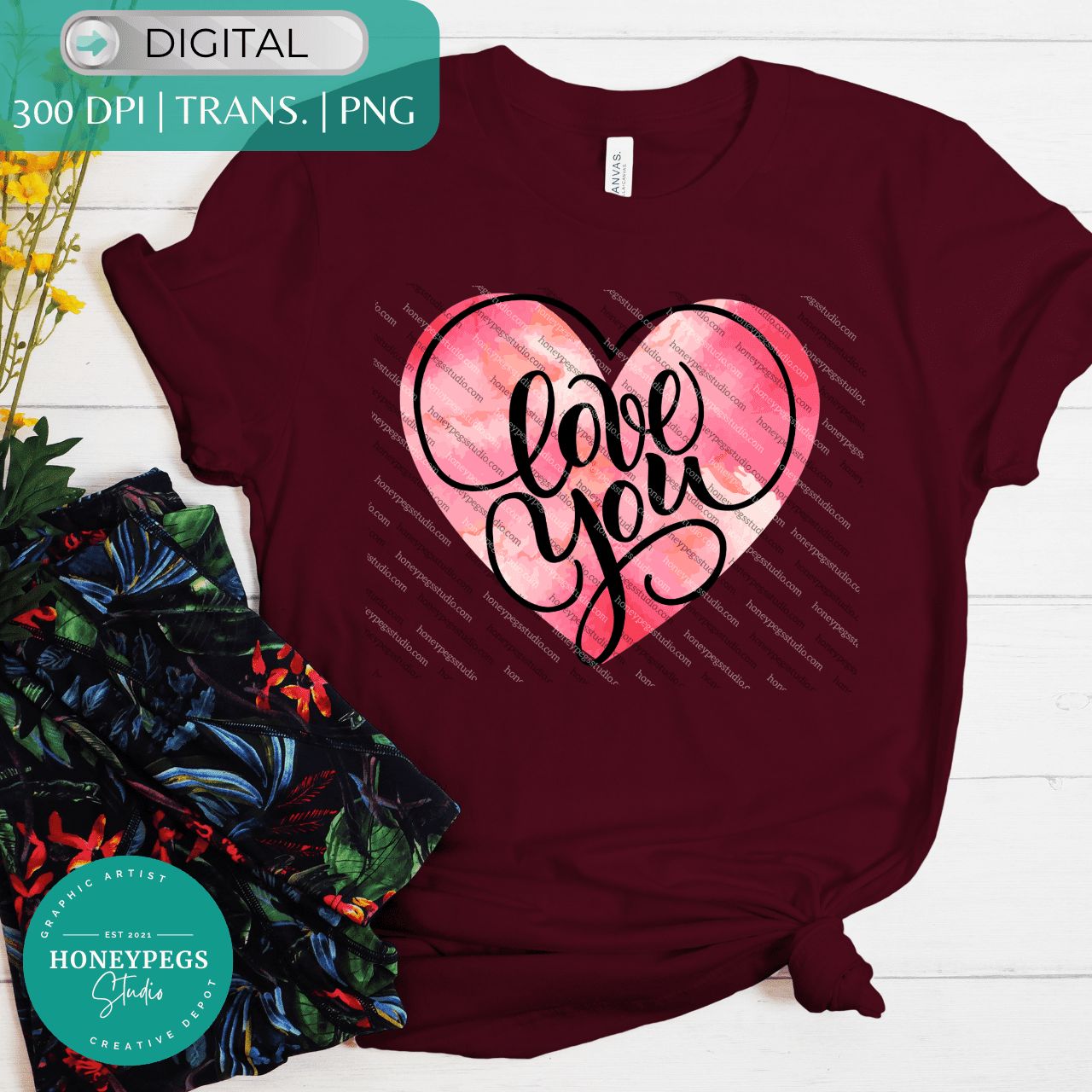 Love You Watercolor Heart Valentine's Day PNG