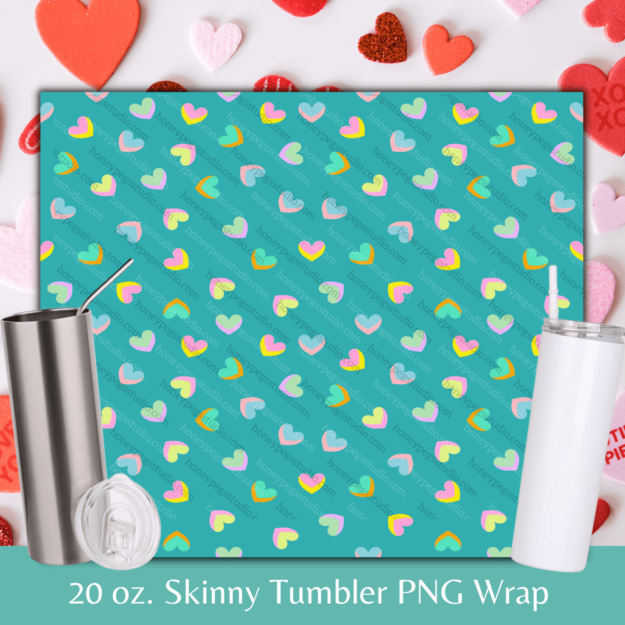 20 oz Skinny Teal Colored Hearts Wrap PNG