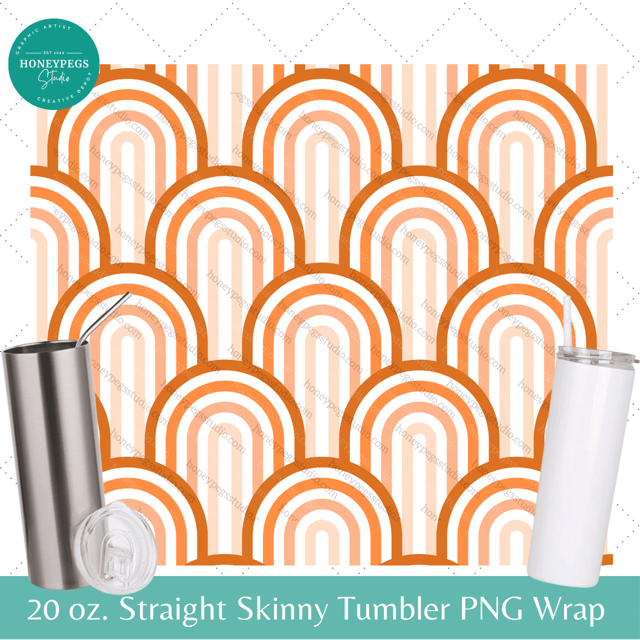 boho rainbow arches orange honeypegs studio graphic artist sublimation tumbler wrap 20 oz skinny straight tumbler boho hippy style aesthetic rainbows orange brown sublimation wrap seamless print png heat press tumbler wrap print png
