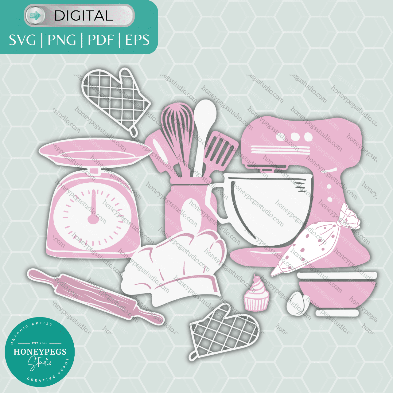 bakery tools bundle bakery mixer pot holder svg utensils sublimation honeypegs studio graphic artist kitchen scale vector graphic clipart rolling pin pink bakery vectors cutting files bundle chefs hat sublimation baker's hat pink piping bag sublimation baker's shirt vector vinyl cut files bakery mixer vector clipart files bundle bakery designs sublimation cupcake cakes svg