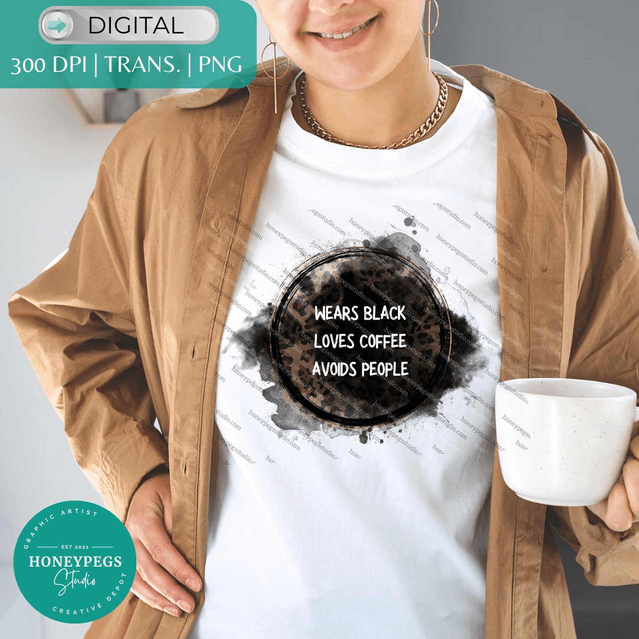 wears black loves coffee avoids people graphic print sublimation leopard print black painted watercolor splatter honeypegs studio graphic artist high quality designs and graphics sublimation goth lover design introvert sublimation ideas png free designs digital download install download graphics files