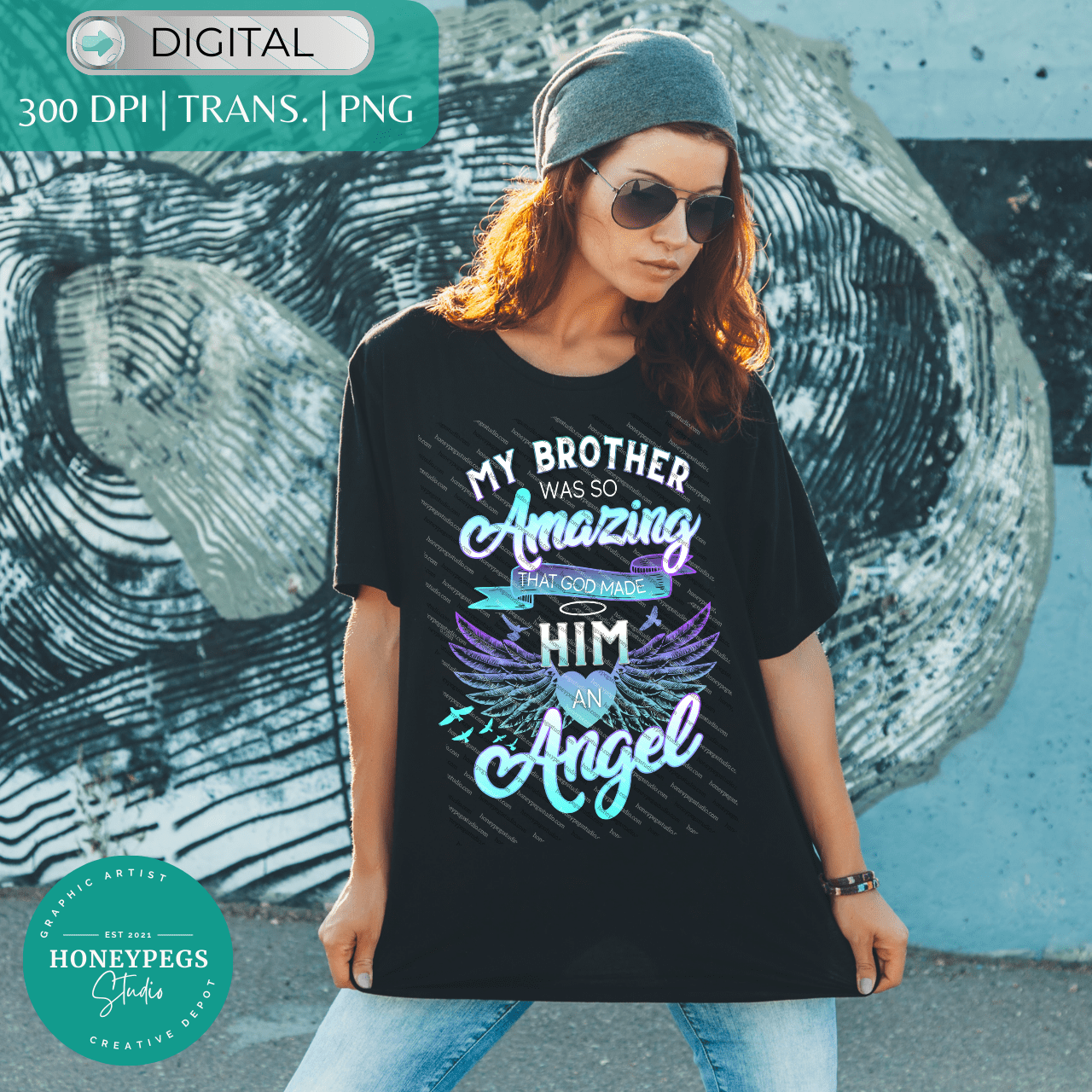my brother was so amazing that god made him an angel sublimation graphic design honeypegs studio loss and grief of loved one memorial brother design transfer print suicide prevention awareness purple and teal blue suicide prevention awareness sublimation shirt idea brother loss design idea brother loss angel my brother is an angel sublimation idea png print cricut heatpress files honeypegs studio online store graphic artist american made in usa graphic artist brother angel vector graphic clipart angel wings brother remember cricut cut files heatpress shirt suicide loss shirt press transfer transparent background blue and purple suicide awareness brother transfer cricut files