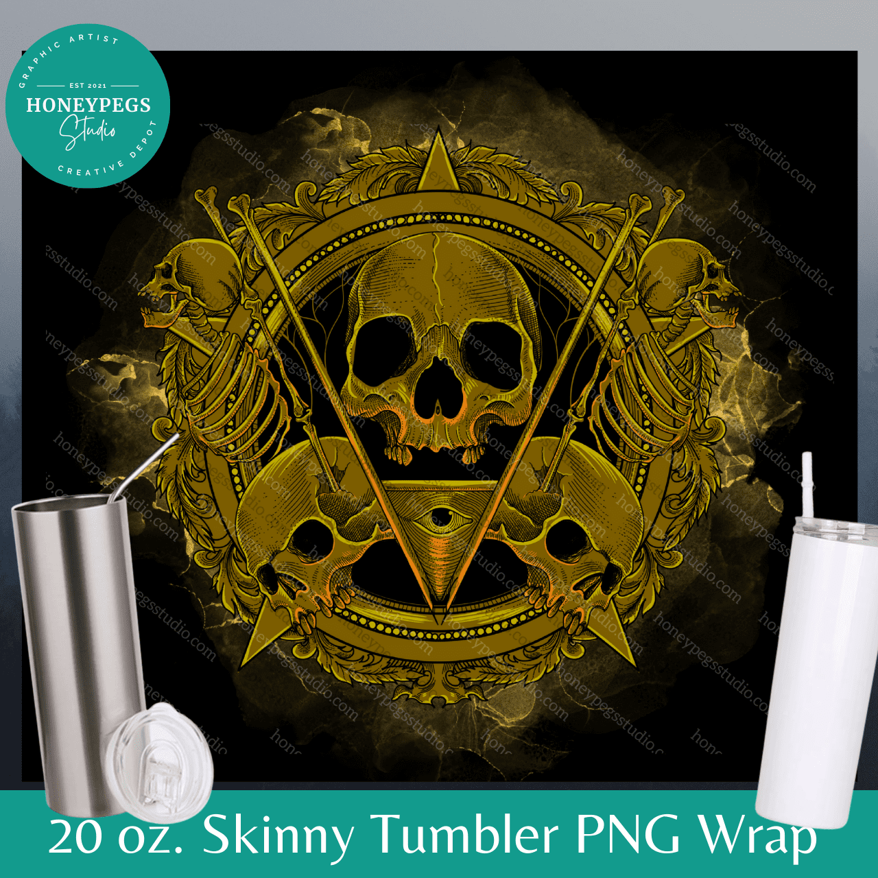 20 oz Skinny Straight Gold Skull Medallion Wrap