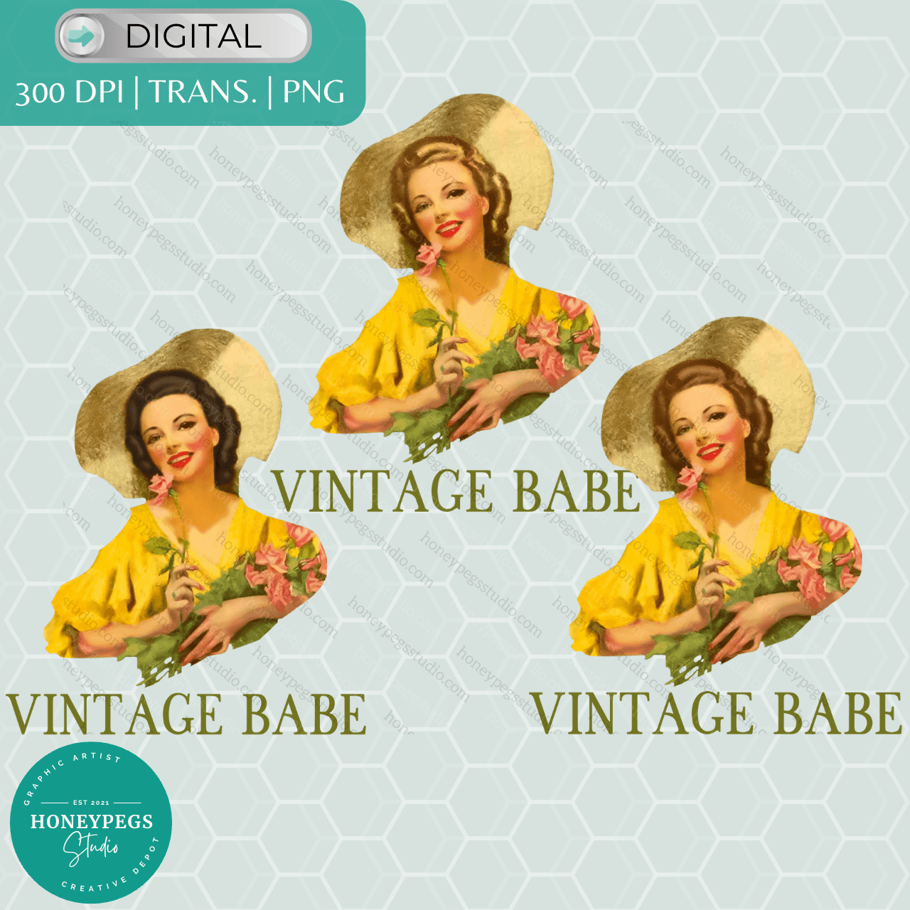 vintage babe trio bundle sublimation png graphic artist honeypegs studio digital high quality download brunette blonde and black vintage babe with bonnet sublimation png