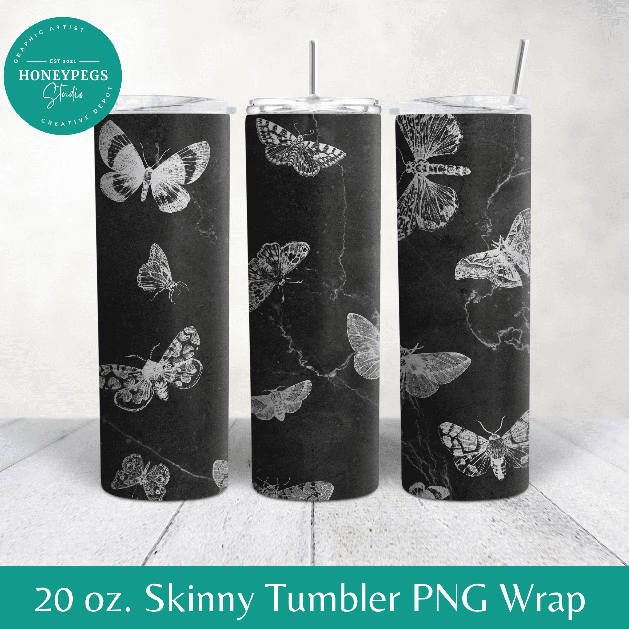 20 oz Skinny Black Granite Moth Wrap png
