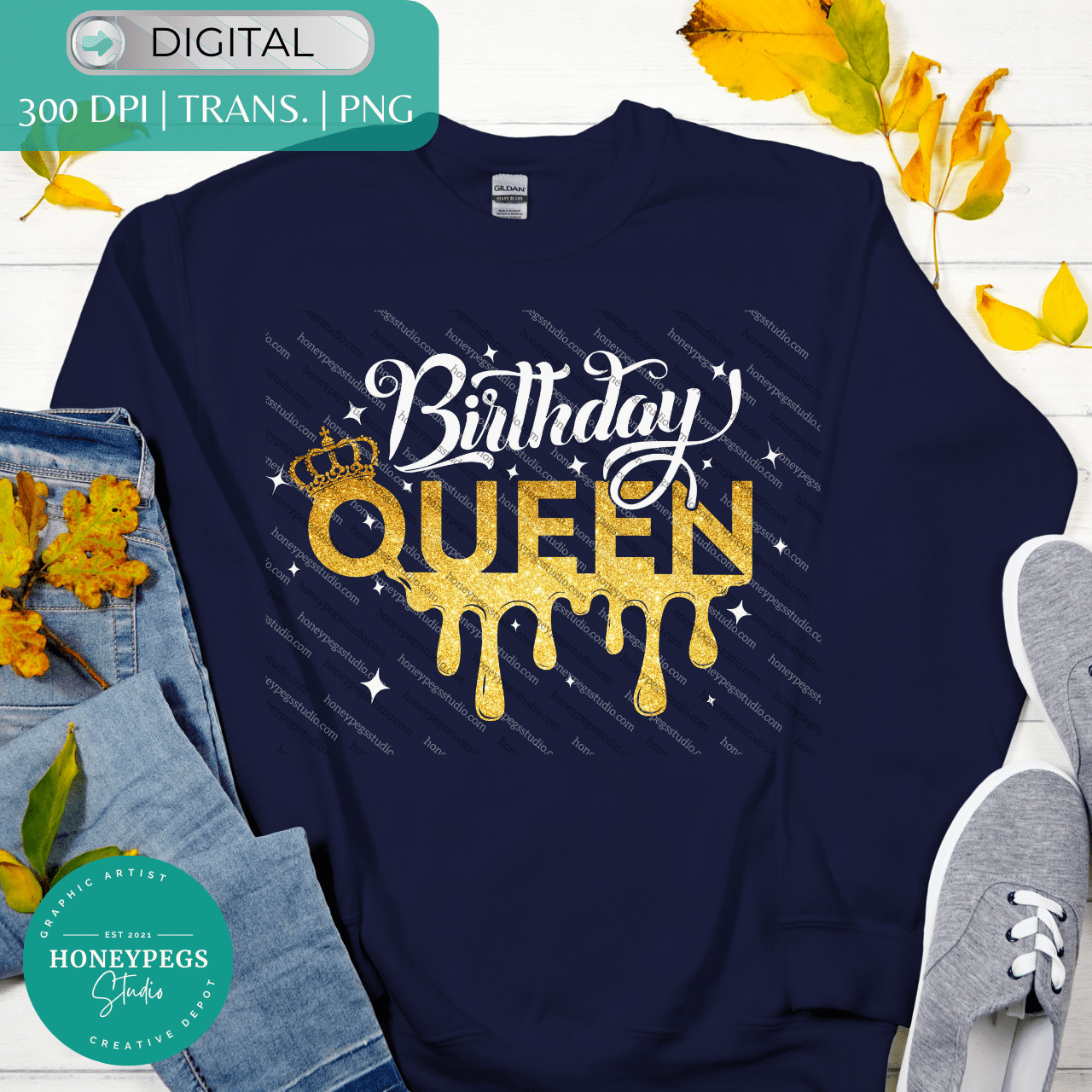 birthday queen gold glitter design sublimation png image white and gold sparkle bling design honeypegs studio digital instant download artist sublimation birthday custom png design 4k hd glitter birthday queen design crown gold bling sublimation png print high quality design artist digital