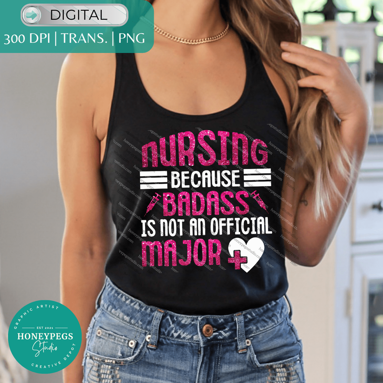 nursing because badass is not an official major sublimation pink glitter png graphic design hot pink nurse heart design glitter syringe nurse sublimation png high quality print subbing custom design instant download digital honeypegs studio