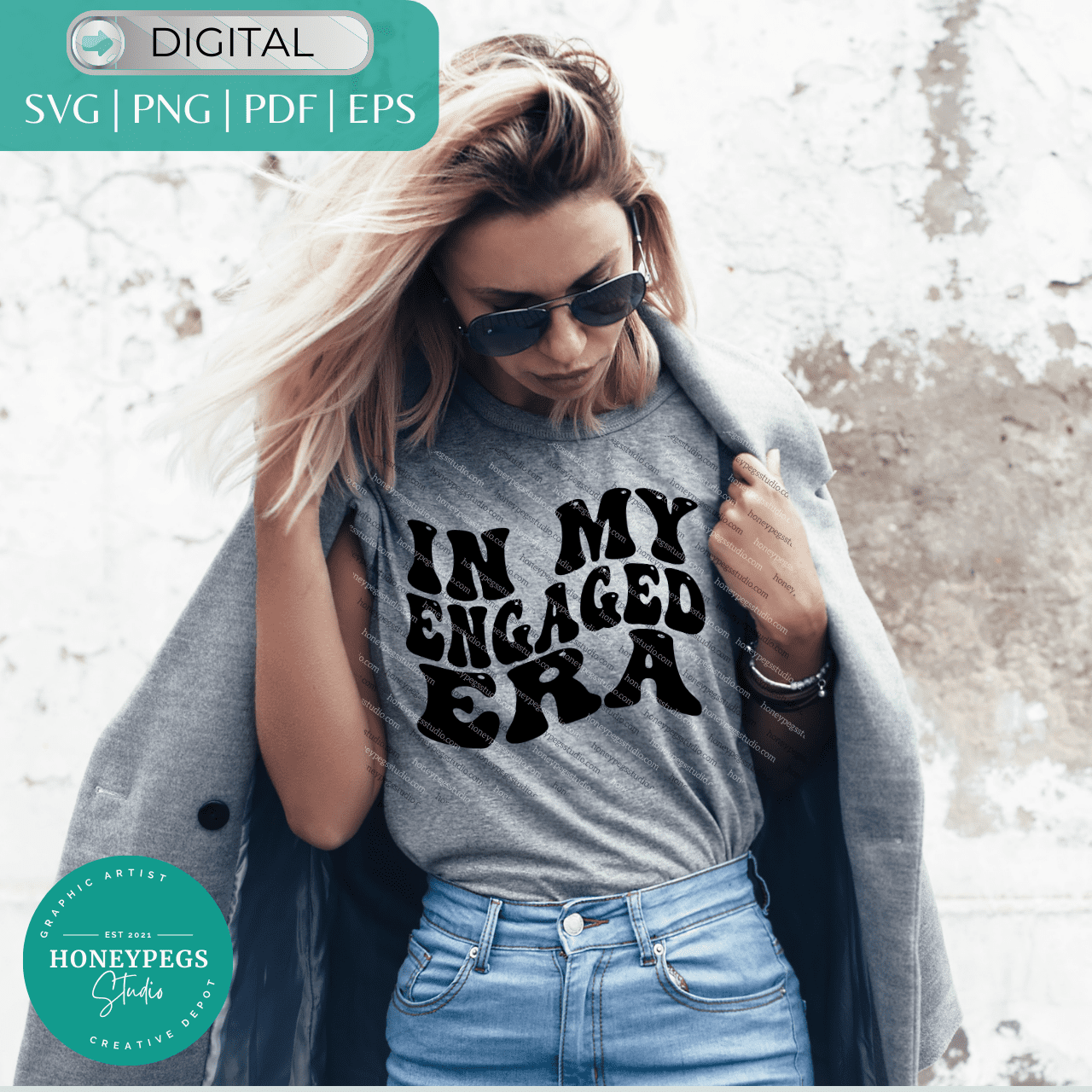 in my engaged era vector design honeypegs studio cricut cut files 4 formats vector png images in my engaged fiance era wavy text warp letters groovy text design sublimatio png subimation graphic image