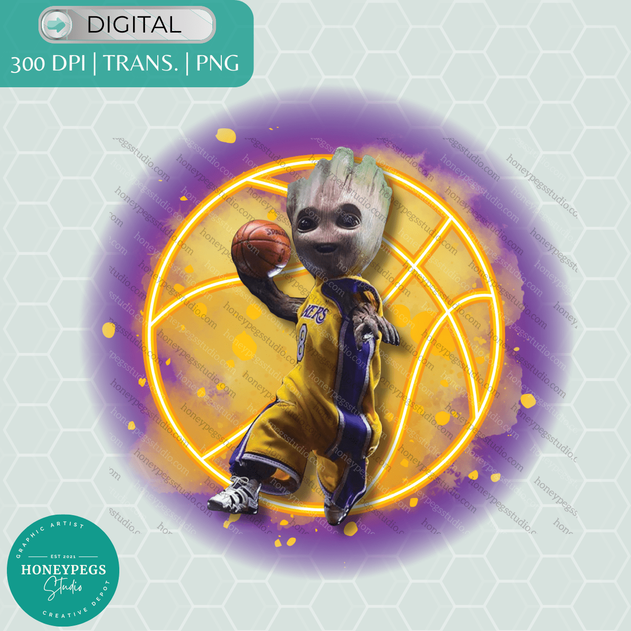 Basketball Lakers Baby Groot Yellow Dunk PNG